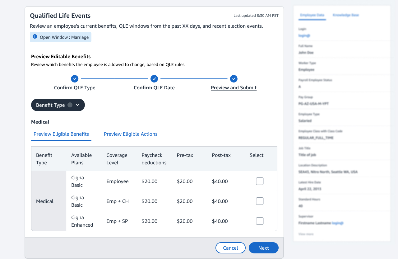 Step three of the resolve flow: the benefits eligible to change, listed by plan, coverage level, paycheck deduction and pre-tax and post-tax cost, each selectable